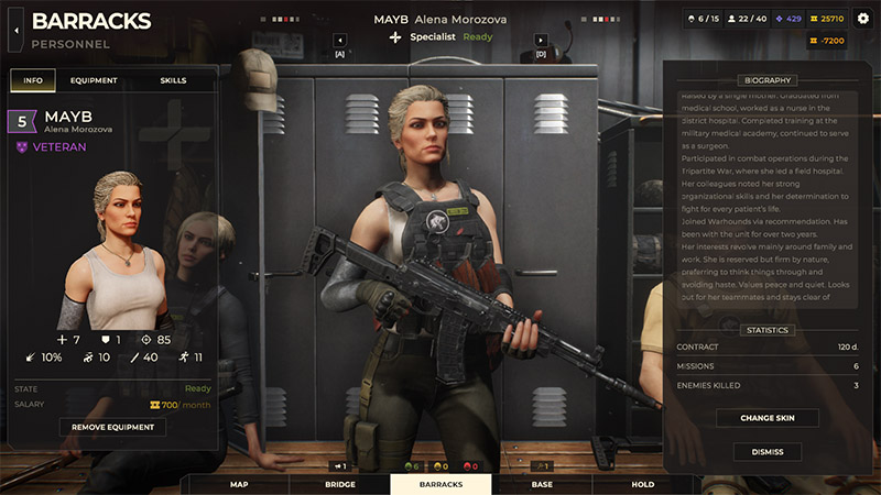 Barracks screen showing the detailed profile of operative Mayb, a veteran specialist holding an assault rifle.
