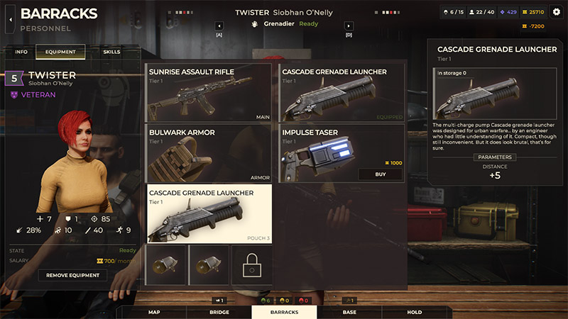 Equipment loadout screen for operative Twister showing weapon and armor slots.