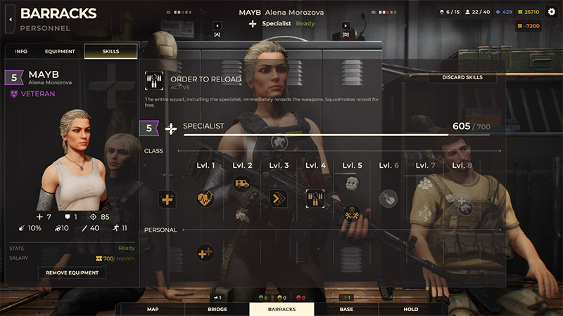 Skill tree for operative Mayb showing Specialist class levels and unlocked abilities.