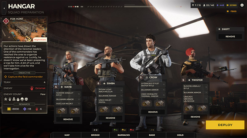 War Hounds squad preparation screen showing four-person squad standing in a hangar ready for deployment.