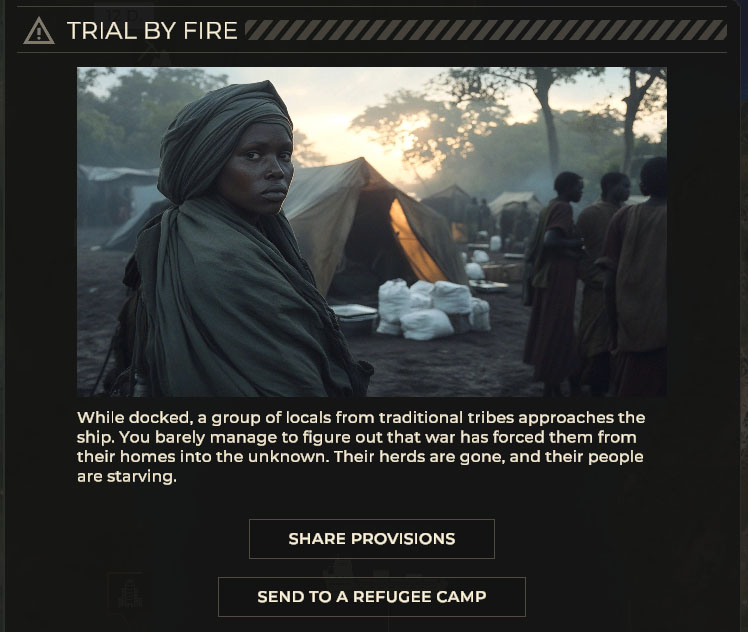 Random event screen showing a woman at a refugee camp with choices to share provisions or send her to a camp.