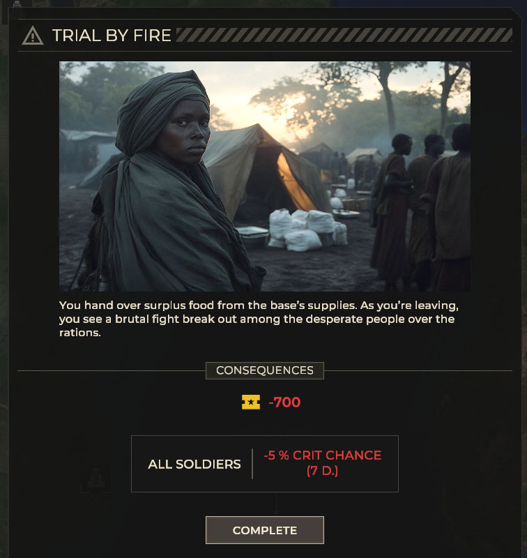 Event consequence screen showing supply sharing results with a fund loss and a temporary soldier debuff.