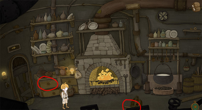 Hand-drawn adventure game kitchen scene. Red circles highlight two investigable points: the left drawer and a wooden stick in the bottom-right corner.
