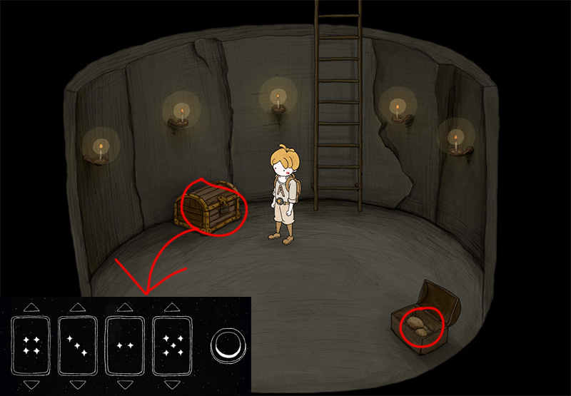 Circular stone chamber with red circles marking a left treasure chest and a bottom-right box item, plus a star chart puzzle interface at lower left.