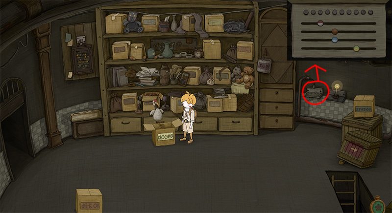 Warehouse puzzle scene with a red circle and arrow marking a controller on the right, a slider password panel above, and the character standing before a storage shelf.