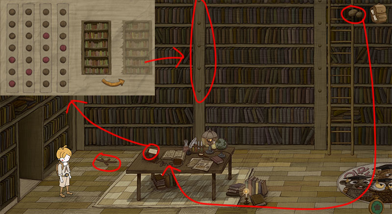 Library puzzle scene with red circles and arrows marking multiple investigable items on a password panel, bookshelf, desk, and floor.