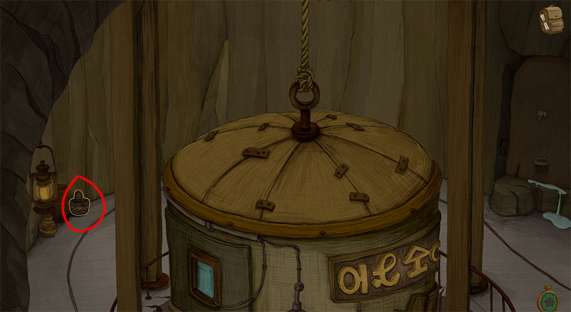 Underground elevator scene with a red circle marking the bucket location beside the left elevator.