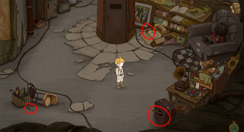 Secondhand storage scene with red circles marking items in a bottom-left basket, bottom-right box, and a picture frame by the door.