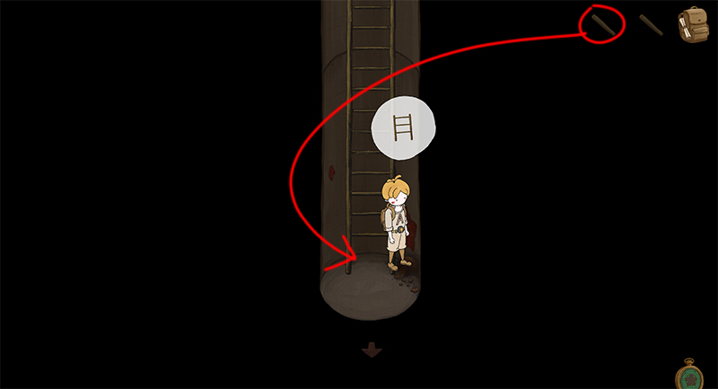 Shaft ladder scene with a red arrow linking a top-right tool to the ladder base, and a ladder icon above the character.