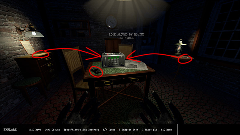 Inside the log cabin, a combination safe, a walkie-talkie, and an old newspaper sit on the center table.