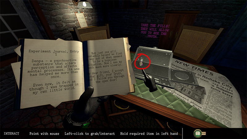 Inside the lockbox, you'll find a clue journal and a bottle of pink pills. The journal contains several key clues.