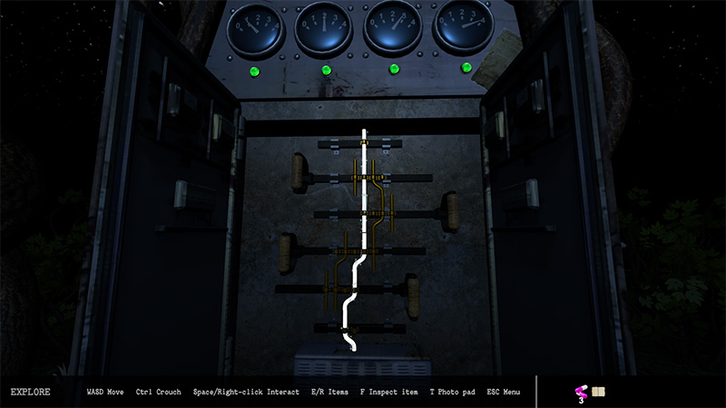 The four meters on the power box and the connected, glowing circuit.