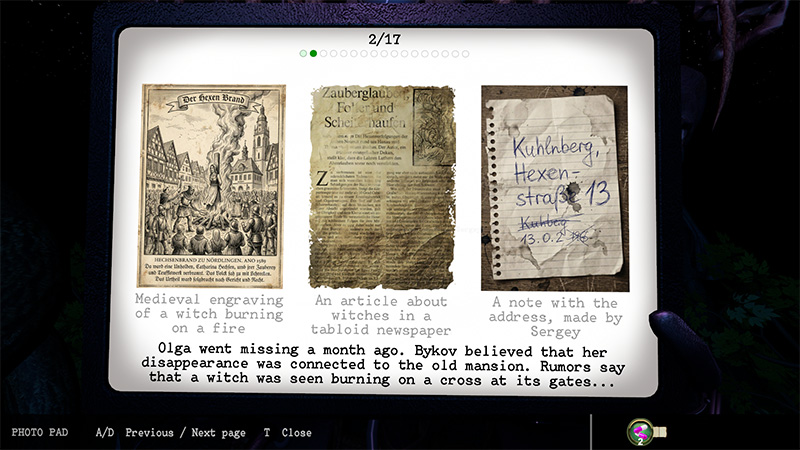 Three documents (witch burning engraving, tabloid article, and Sergey's note with address "Hexenstrasse 13"). Bottom text details Olga's disappearance connected to the old mansion.