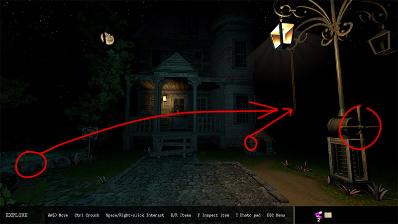 Front Yard puzzle setup with red circles marking Hook, Carabiner, and chain wheel locations