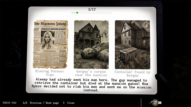 Newspaper about missing Olga, Sergey's corpse near the mansion, and the container found by Sergey, detailing how Sergey died at the mansion gates.