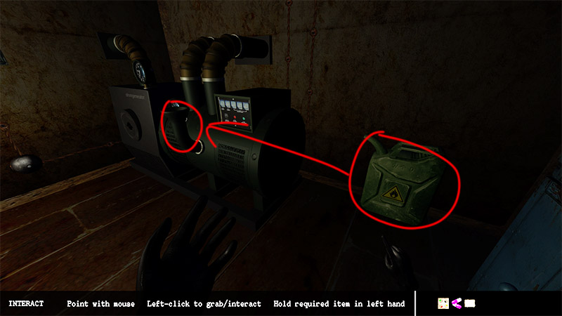 Gasoline canister found and poured into the generator, with red circles and arrows marking the fuel fill port