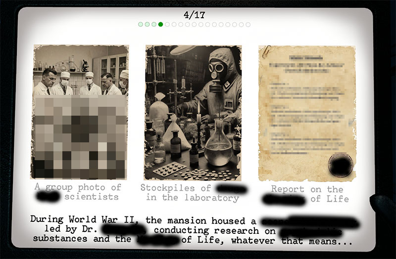 With redacted text and images showing scientists, a gas-masked person in a lab, and a secret WWII report on Dr.'s research.