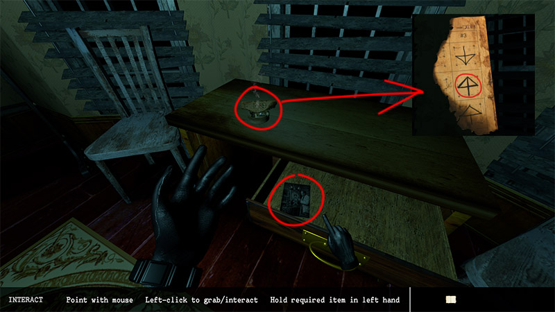 Table with an ashtray containing a note with a triangle mechanism diagram, plus a photo clue inside the drawer