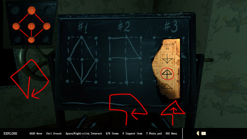 Graphic password needed to activate three wall paintings, with numbers matching the wall and red lines marking the path