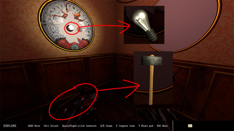 Elevator interior with red circles marking the locations of the first light bulb and the hammer