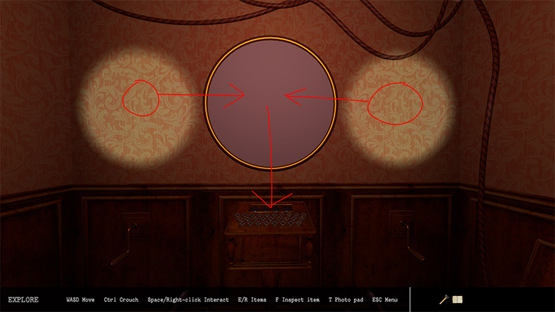 Puzzle mechanism solved by moving the left and right glowing rings into the center yellow circle