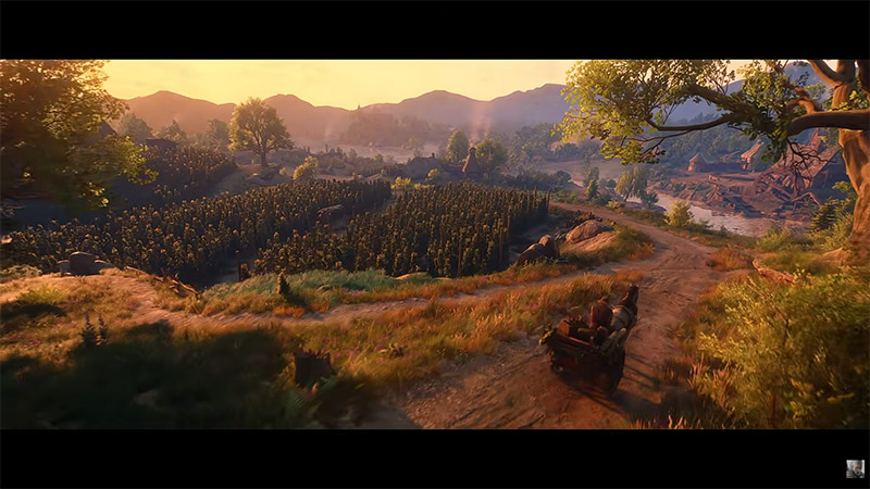 Sunset over the Letten countryside, a horse-drawn carriage travels a dirt road through farmland toward distant mountains and village.
