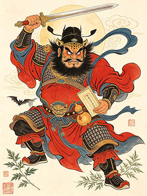 Traditional Chinese gongbi painting of Zhong Kui in red robe and armor, wearing an official's hat, wielding a sword and holding a scroll, with a gourd at his waist.