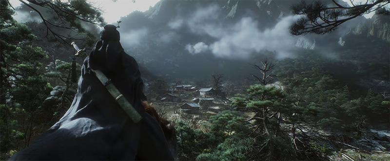 Zhong Kui riding a tiger, sword on his back, overlooking a misty mountain village.