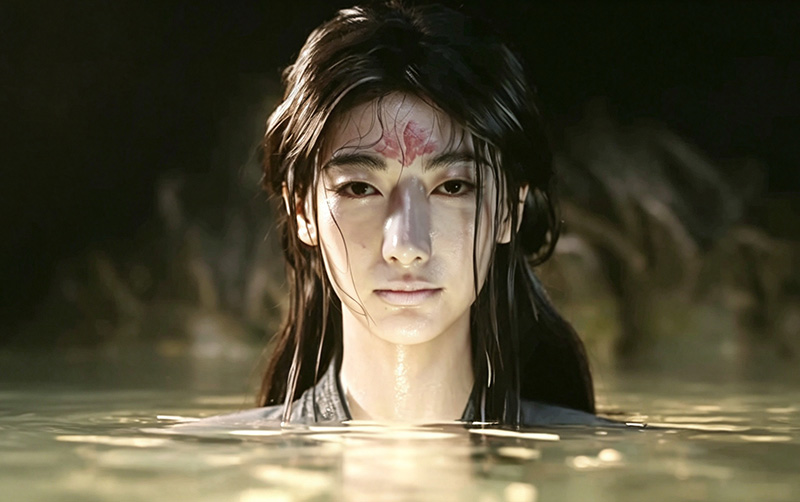 A long-haired figure half-submerged in dark water, with a red mark on the forehead and wet hair falling around the face, gazing forward as soft light reflects off the water surface.