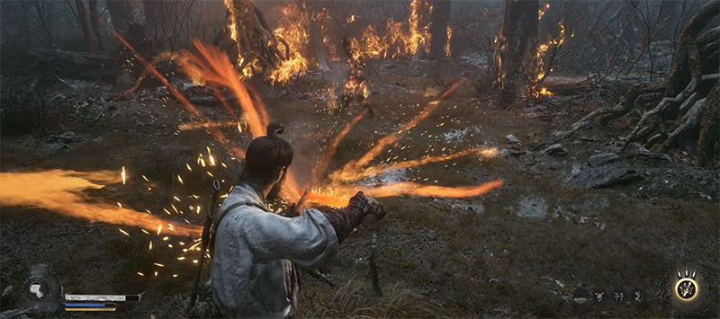 A robed warrior casting fire spells in a burning forest with flaming trees and flying sparks.